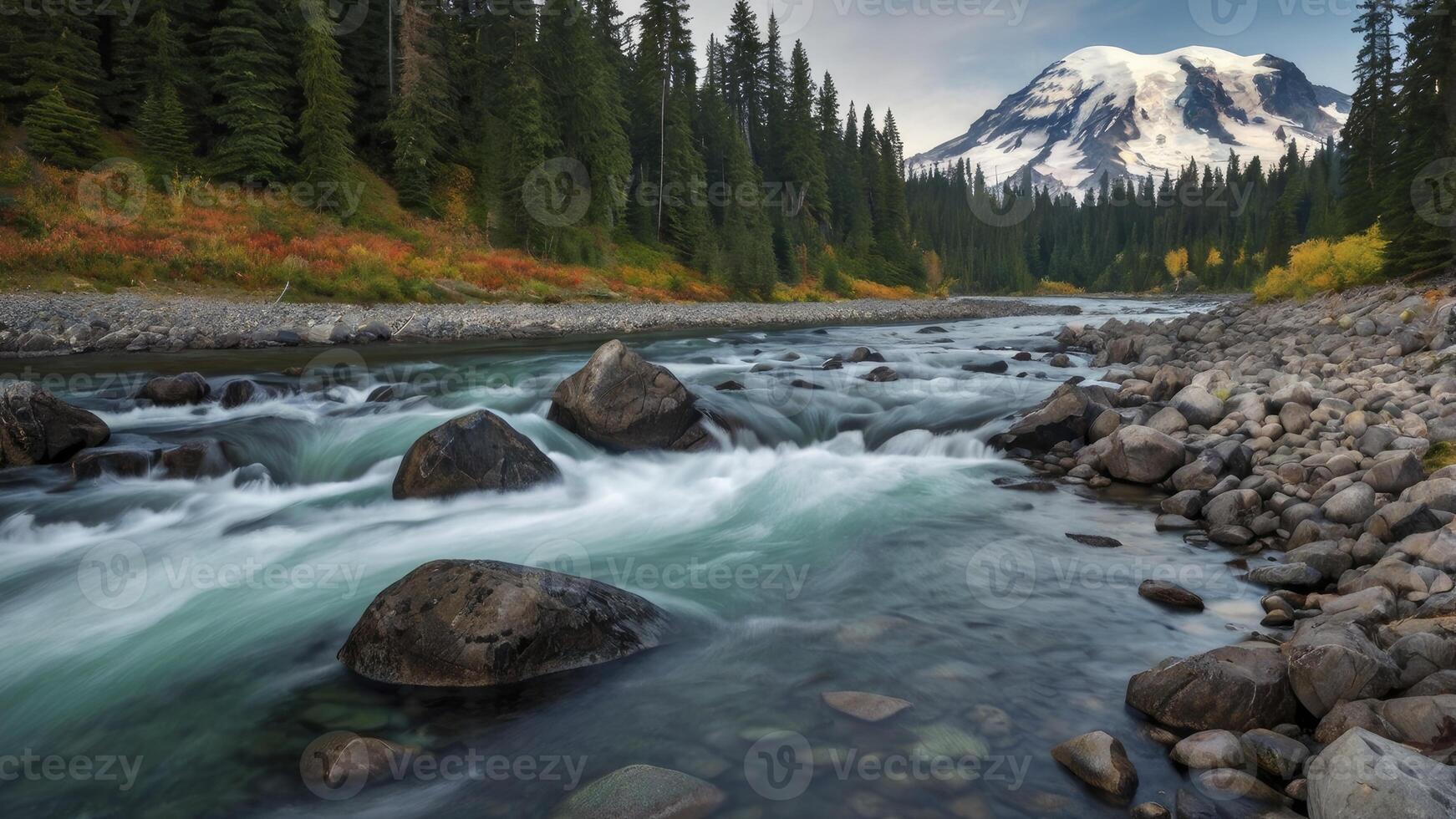 Flowing River with Snowcapped Mountain Landscape and Evergreen Forest Scenery photo
