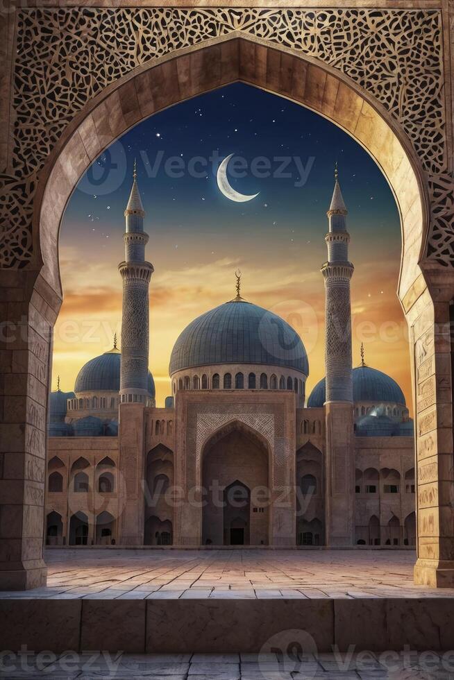 Mosque Architecture Viewed Through Ornate Archway Against Starry Crescent Moon Sky photo