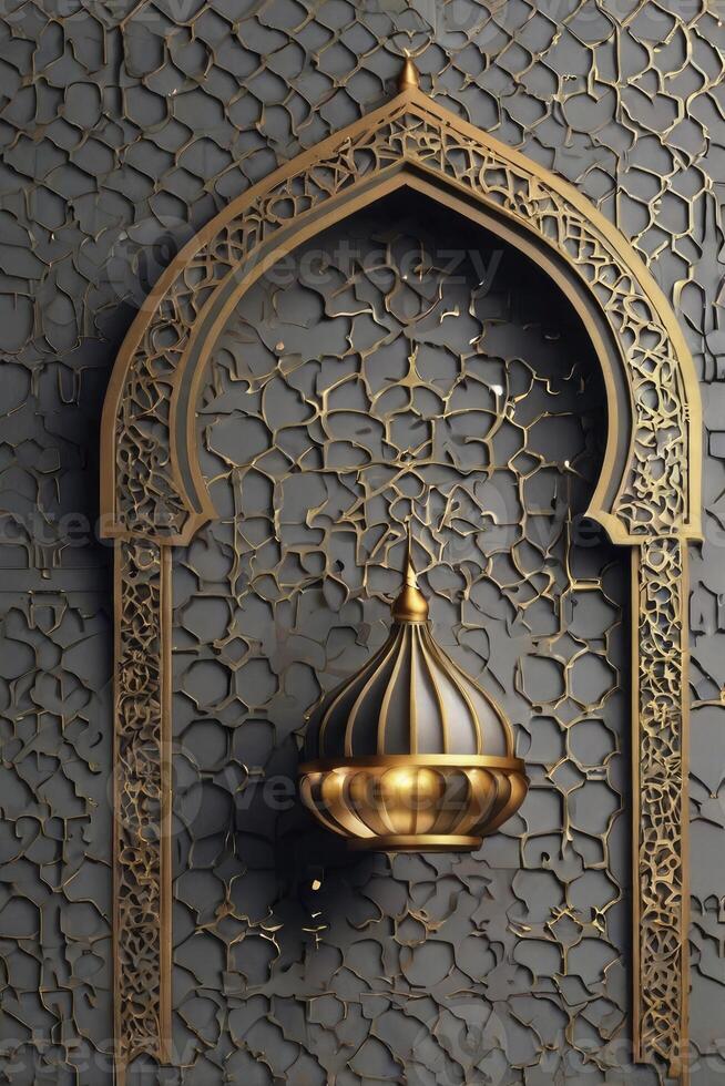 Golden Archway with Ornate Design and Lamp Illuminating Detailed Wall photo