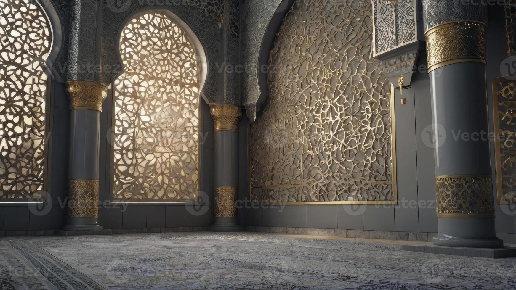 Elaborate Islamic Interior Design with Arched Windows and Intricate Golden Patterns photo
