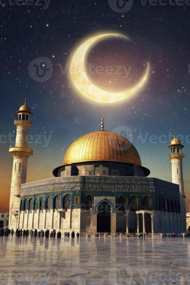 The mosque is illuminated by the moon and stars photo