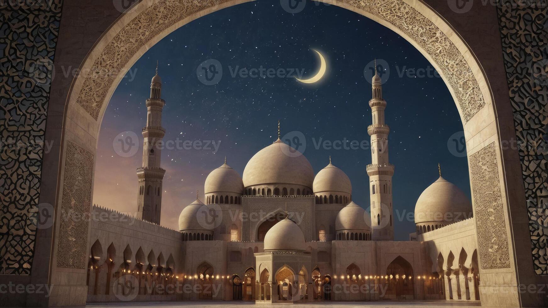 Mosque at Night with Crescent Moon and Starry Sky Background photo