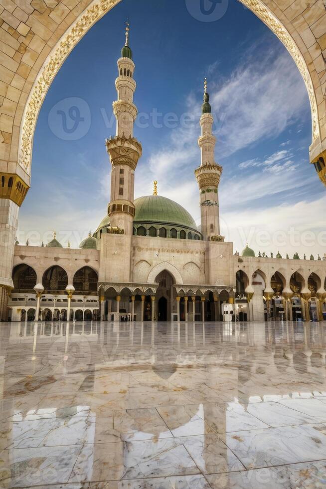 Viewing Quba Mosque Through Archway with Reflection in Medina Saudi Arabia photo