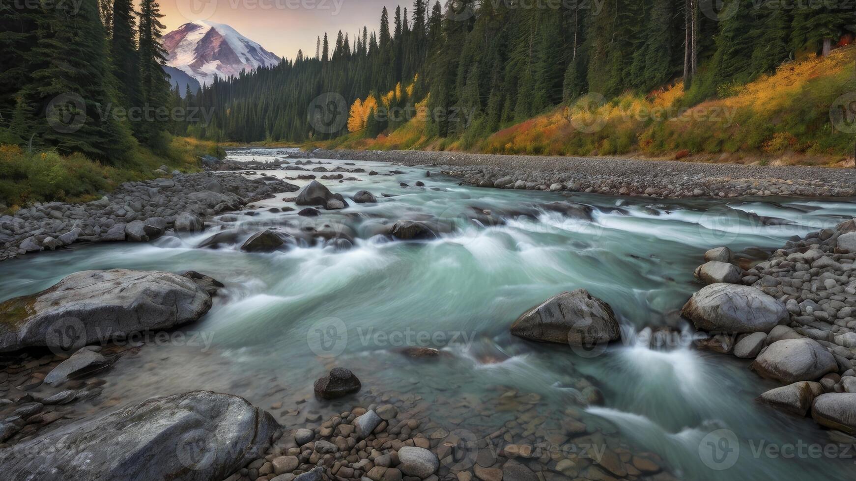 Flowing River Landscape with Mountain and Forest in Autumn Colors photo