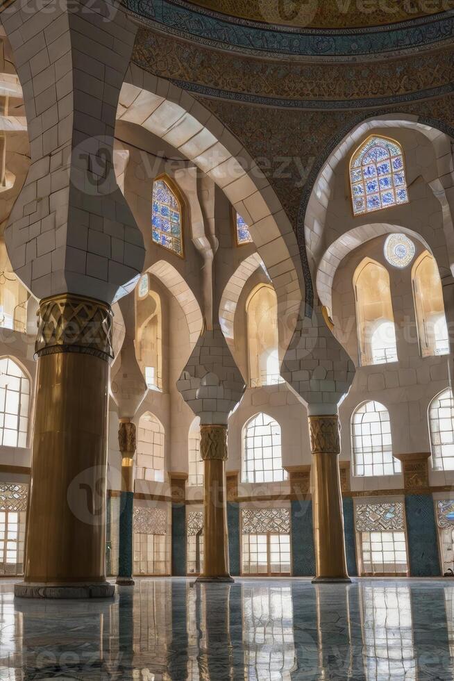 Exploring Interior Architecture with Columns, Arches, and Stained Glass Details photo