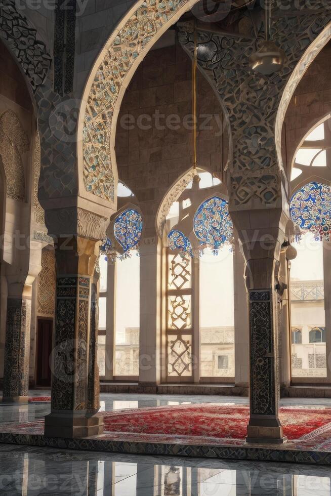 Elaborate Islamic Architecture with Arches, Columns and Red Carpet photo