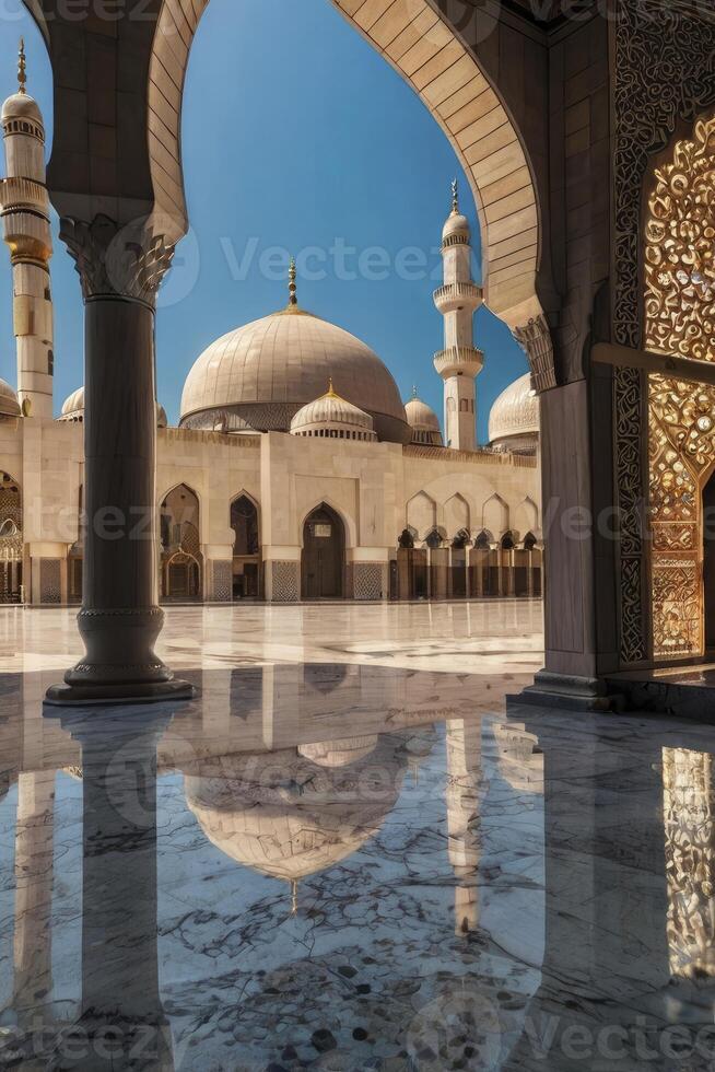 Reflecting Mosque Courtyard Architecture with Dome and Minarets Under Clear Blue Sky photo