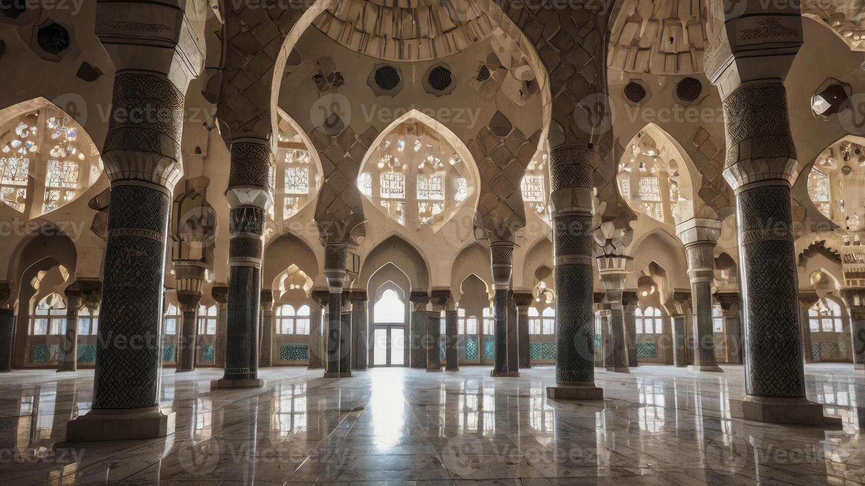 Exploring Interior of Ornate Mosque with Arches, Columns, and Bright Light photo