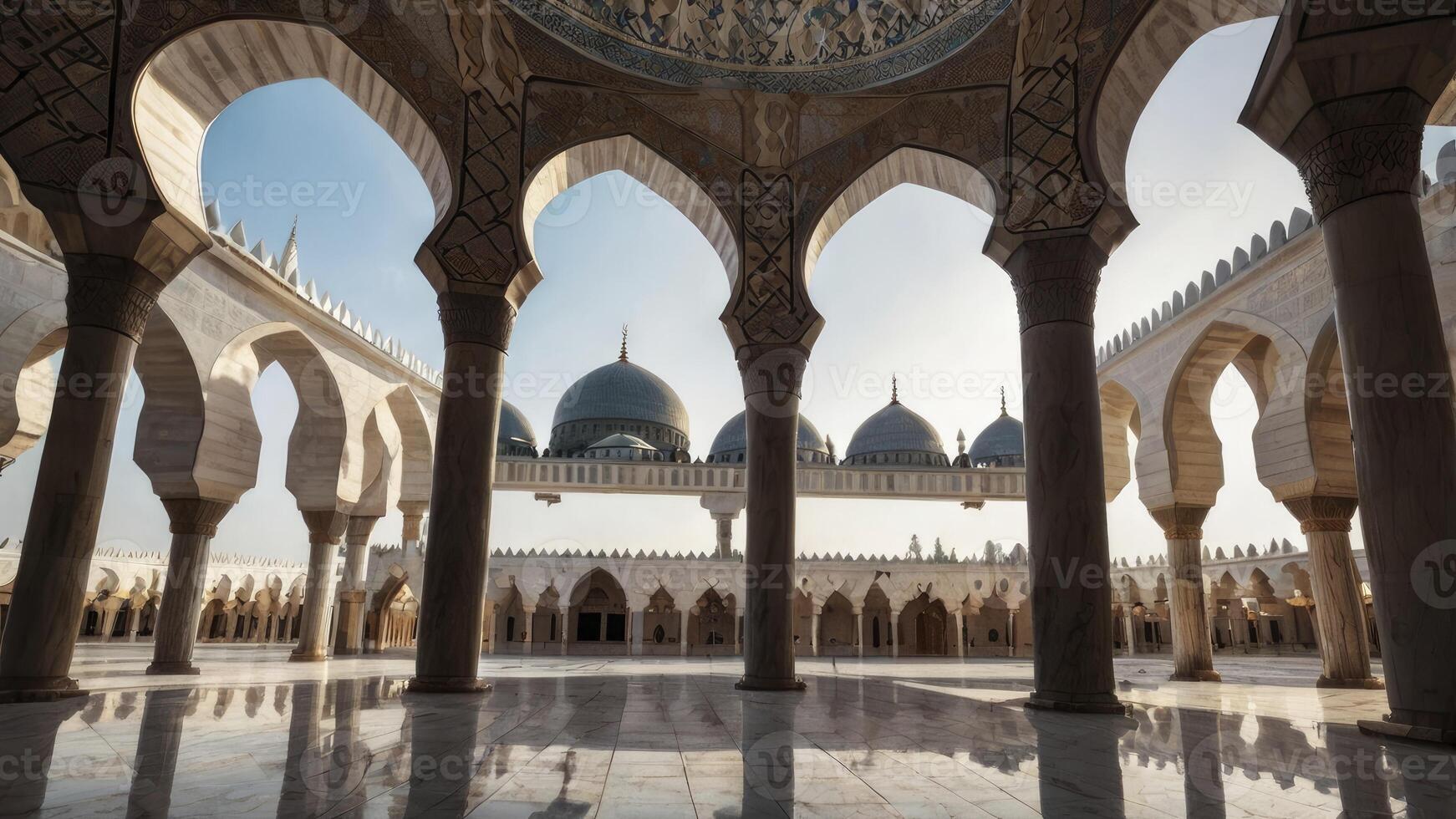 Exploring Mosque Architecture with Arches, Pillars and Domes Reflecting on Floor photo