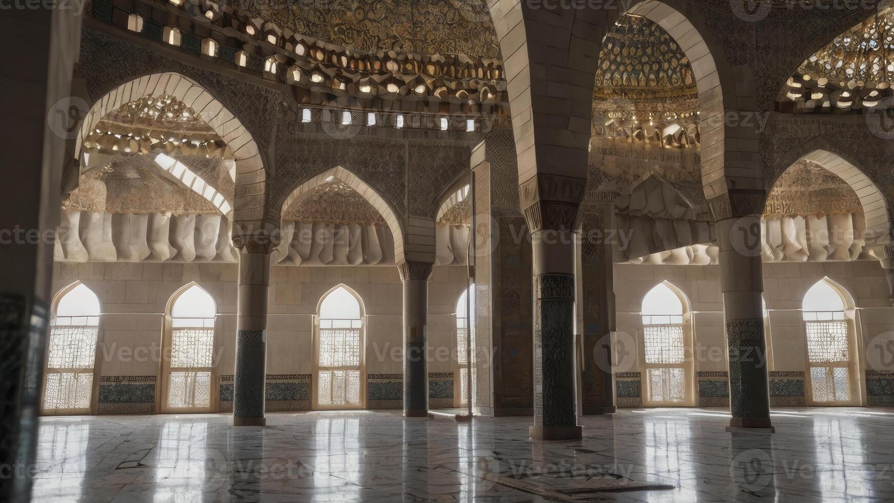 Exploring Grand Mosque Architecture with Arches, Columns, and Interior Light photo