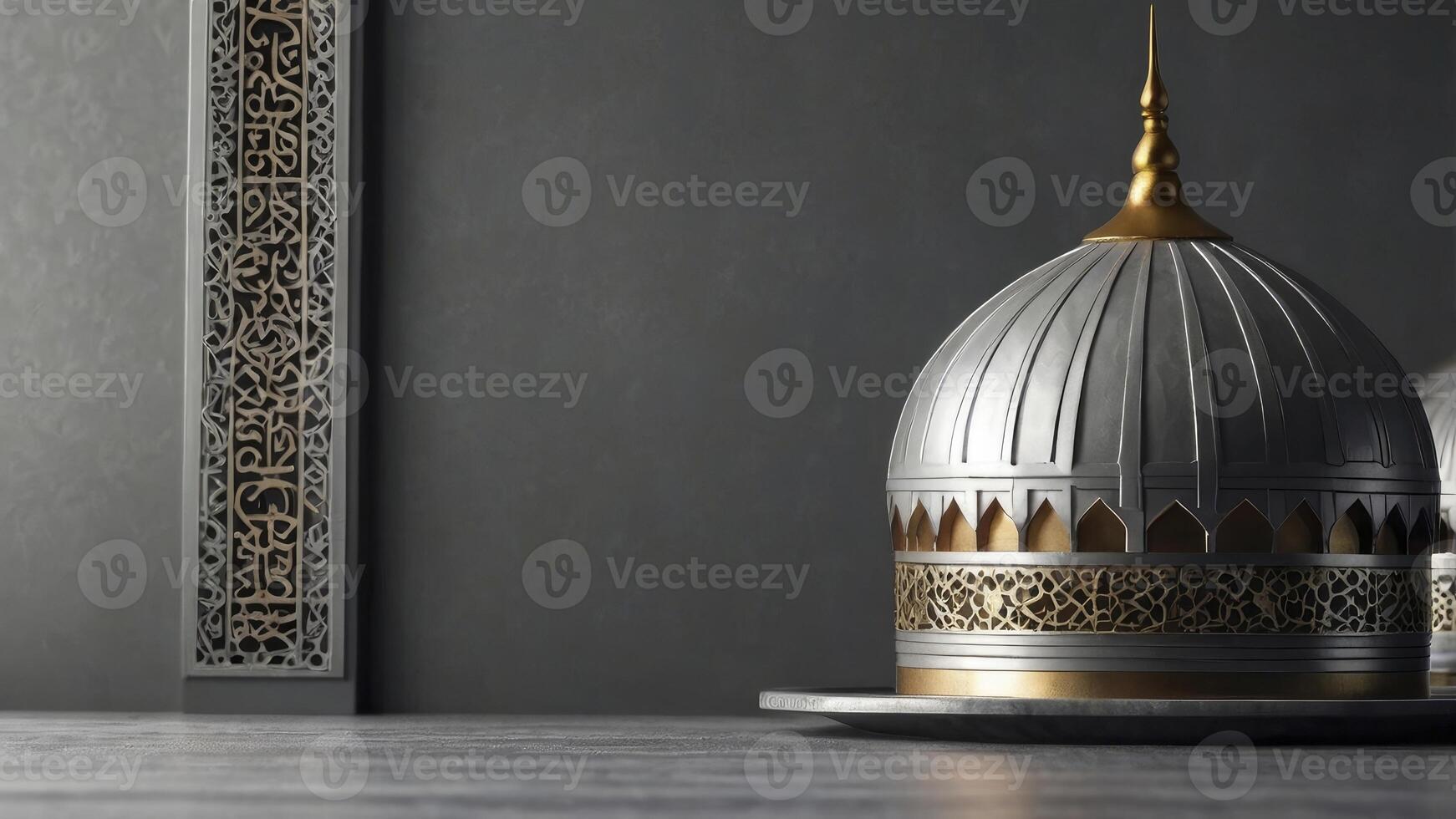Elegant Mosque Dome and Islamic Art Against Gray Background for Ramadan photo