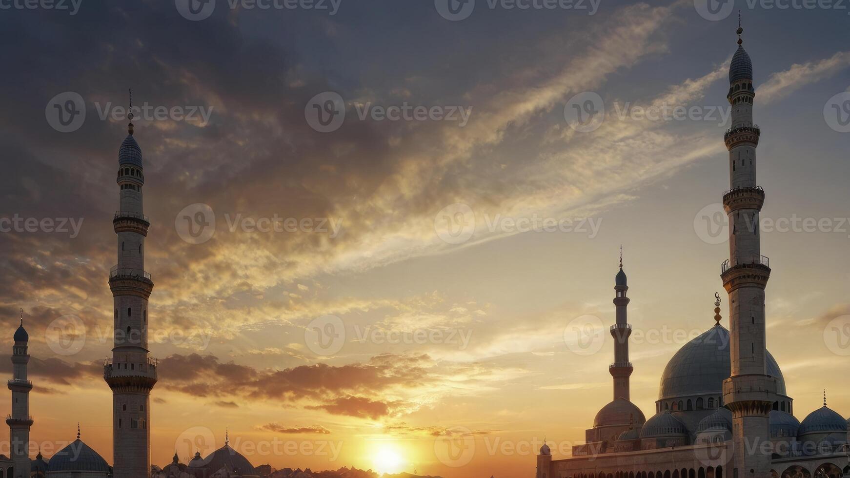 Mosque Silhouette at Sunset with Minarets and Golden Sky Glow photo