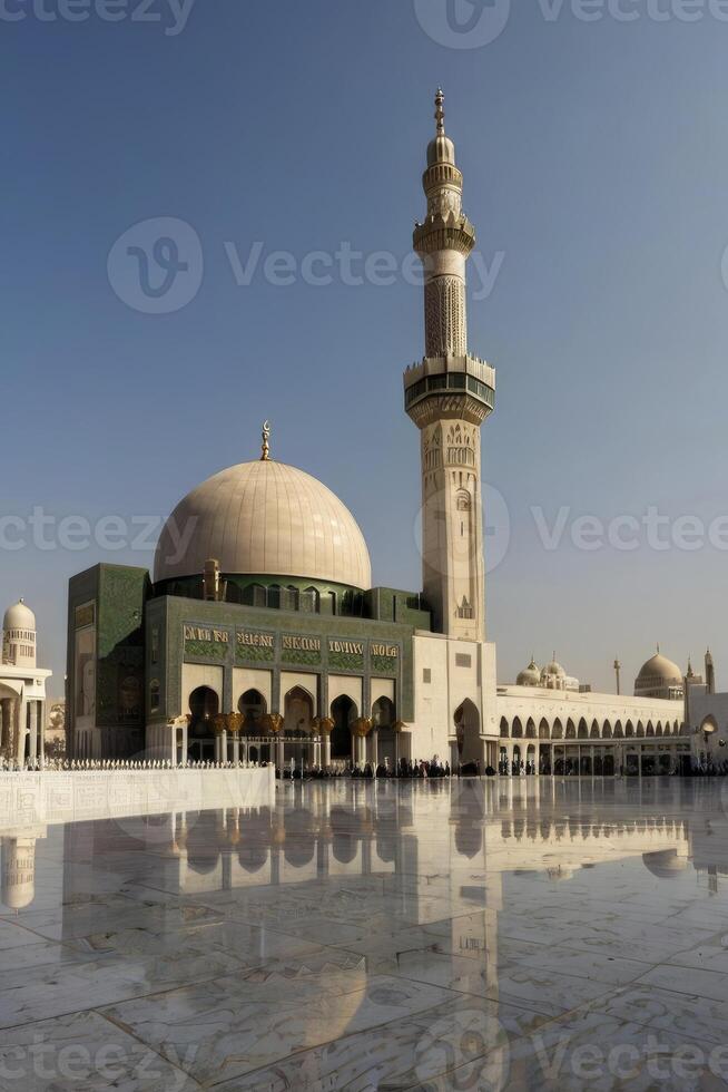 Mosque Architecture with Minaret and Dome Reflecting on Marble Floor photo