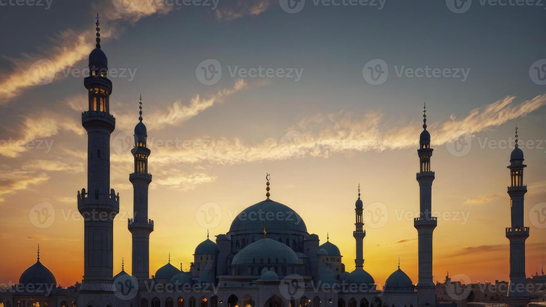 Stunning Mosque Silhouette at Sunset with Minarets and Golden Sky photo