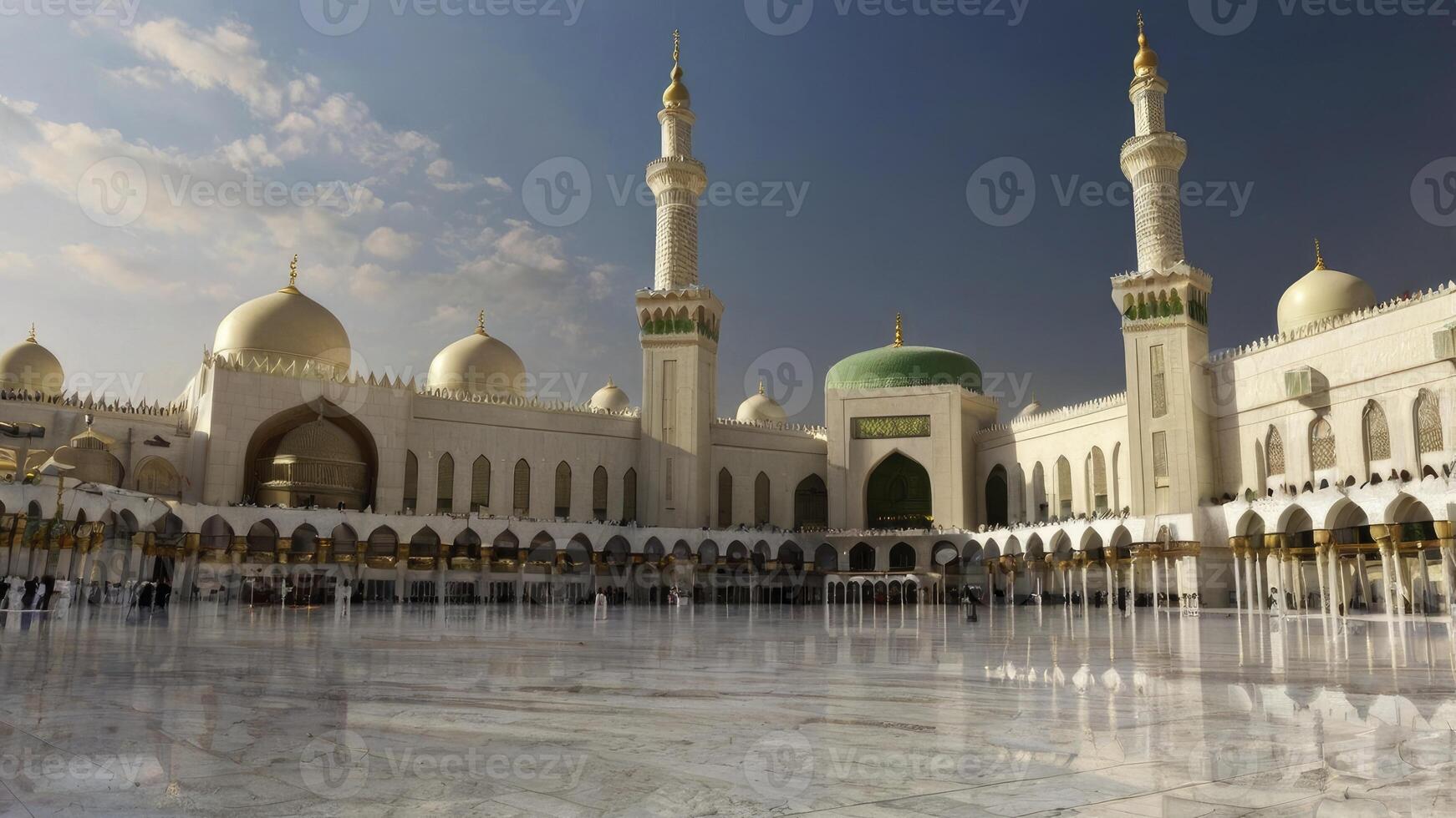 Magnificent Mosque Architecture with Minarets Domes and Reflection on Marble Floor photo