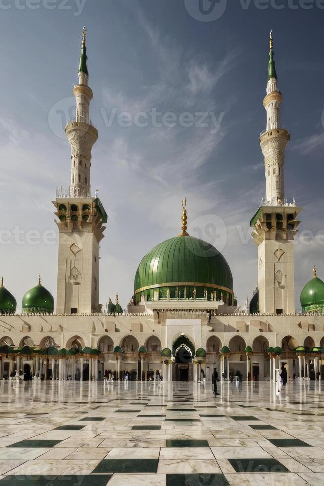 Prophet's Mosque in Medina Featuring Green Dome and Minarets Architecture photo
