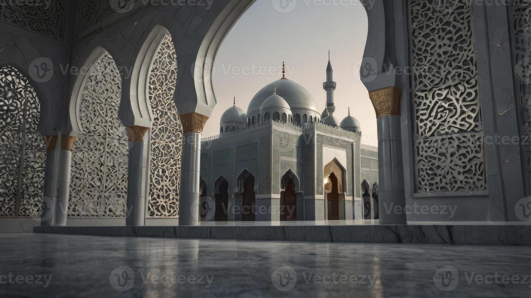 Exploring Architecture of a Grand Mosque with Decorative Arches and Domes photo