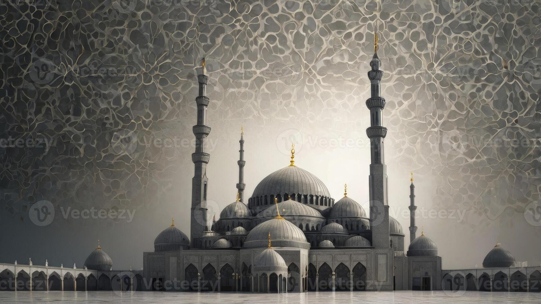 Magnificent Mosque with Minarets and Domes Against Patterned Backdrop photo