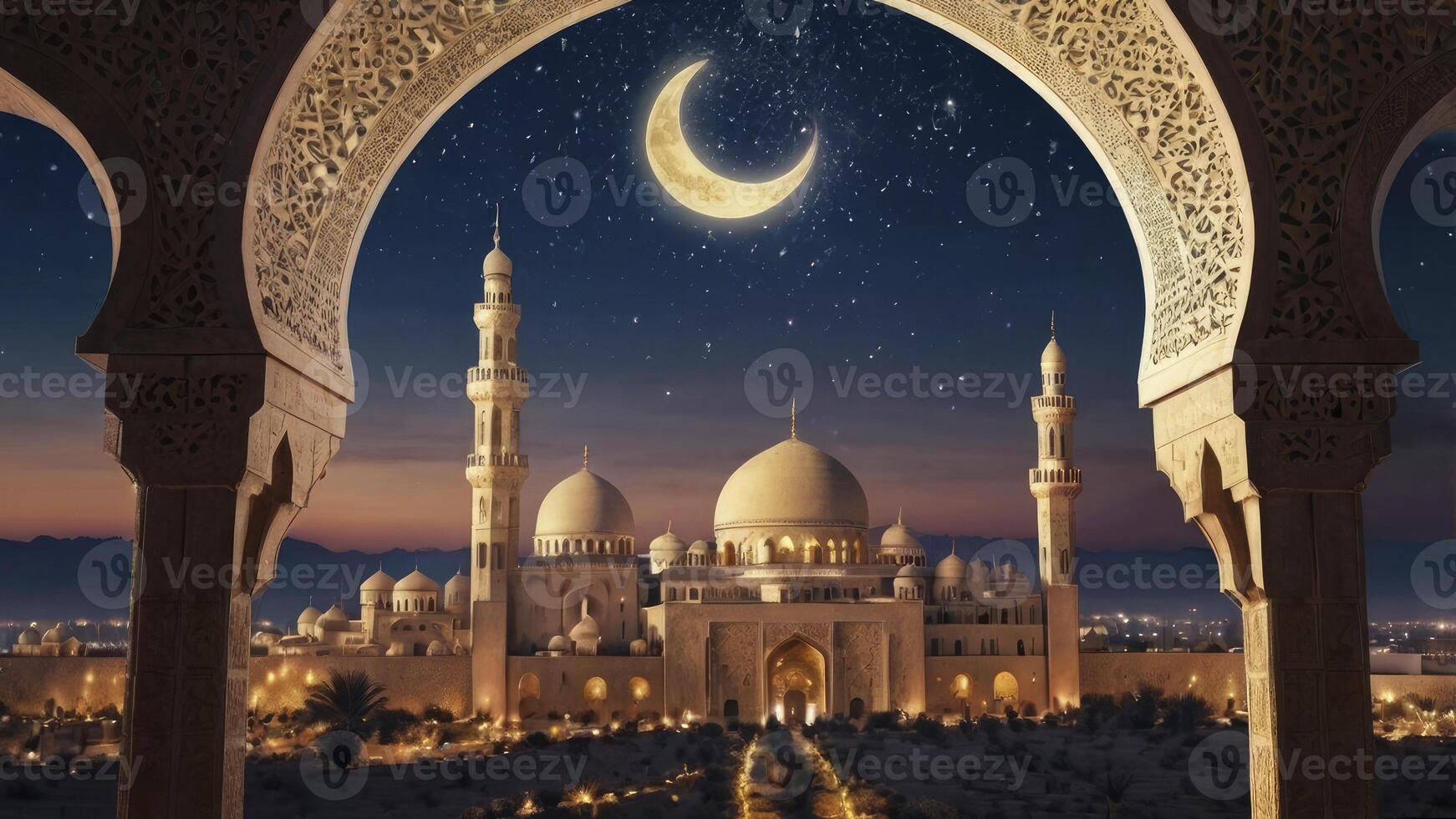 Majestic Mosque at Night Seen Through Archway with Crescent Moon photo