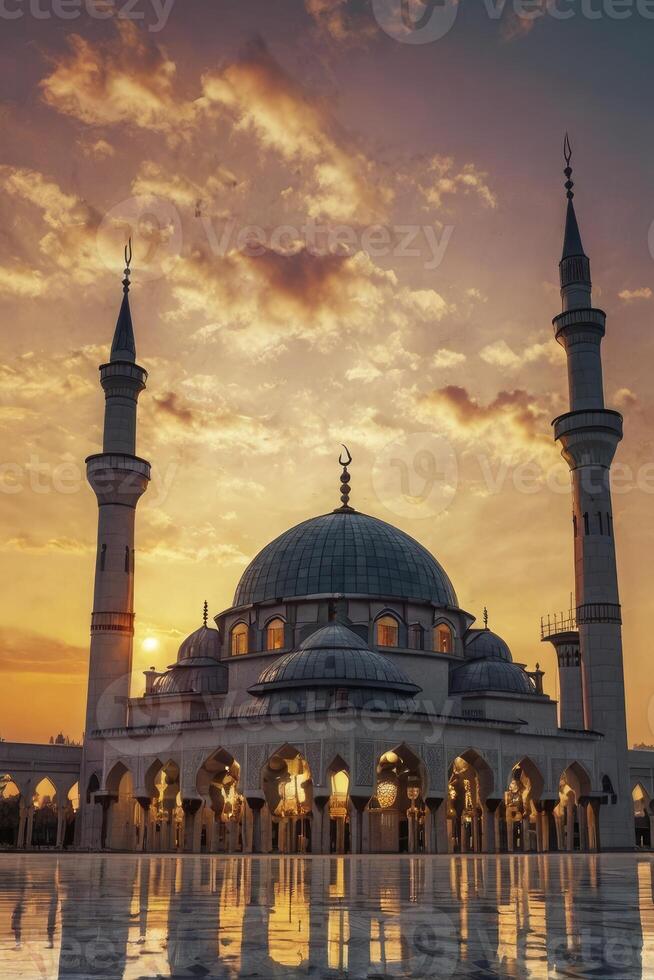 Mosque at Sunset with Reflection and Dramatic Sky Religious Architecture photo