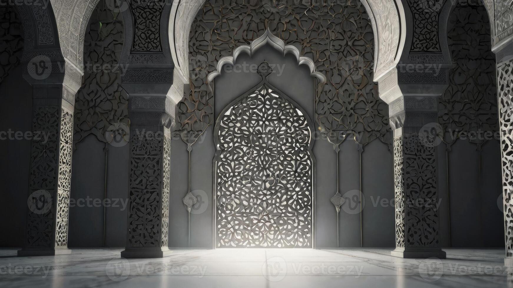 Intricate Islamic Architecture with Arches and Light Streaming in photo