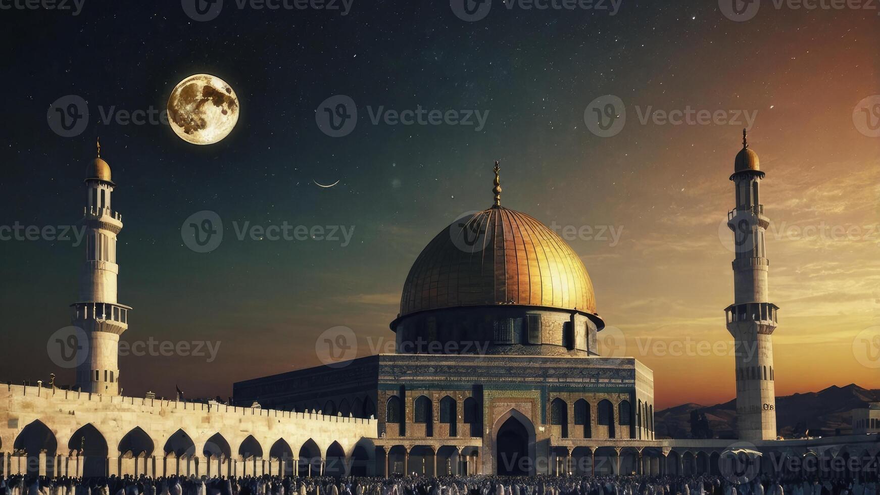Dome of the Rock at Night with Moon and Crowds Gathering photo