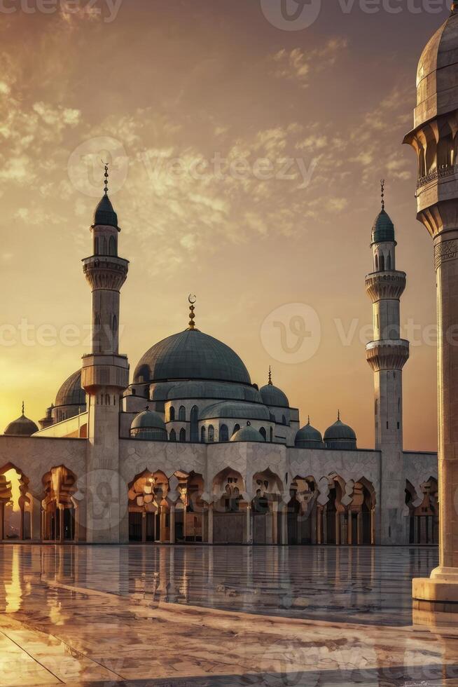 Magnificent Mosque Architecture at Sunset with Reflections and Peaceful Atmosphere photo
