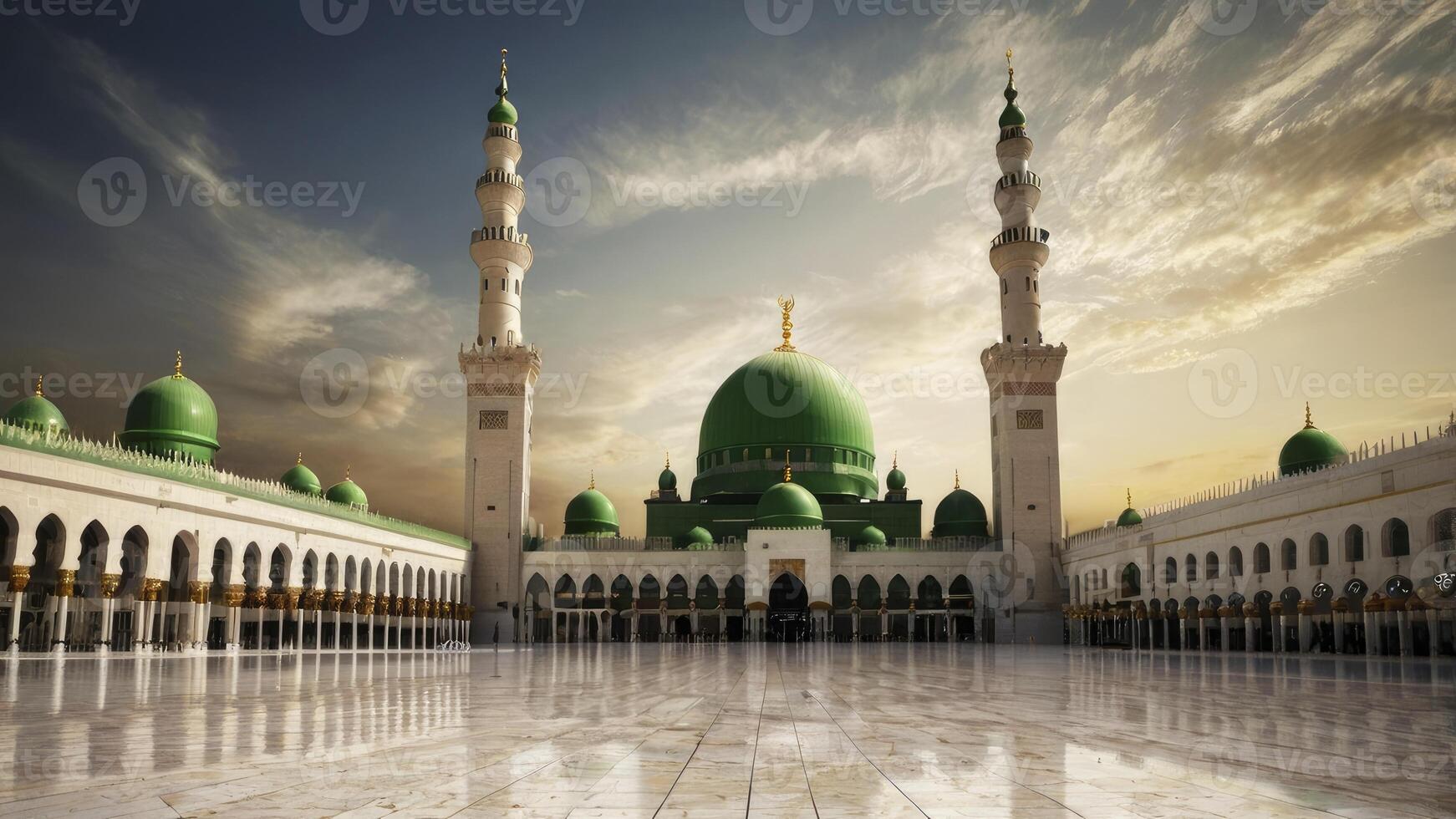 Prophet's Mosque in Medina with Green Dome and Tower Under Sky photo