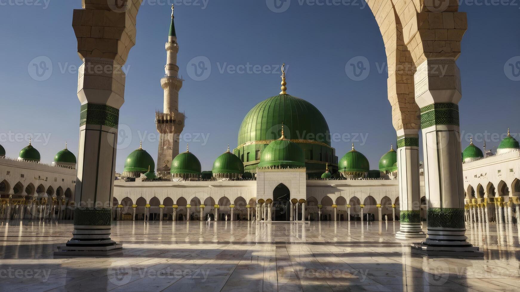 Green Dome Mosque Architecture at Medina with Minaret and Courtyard View photo