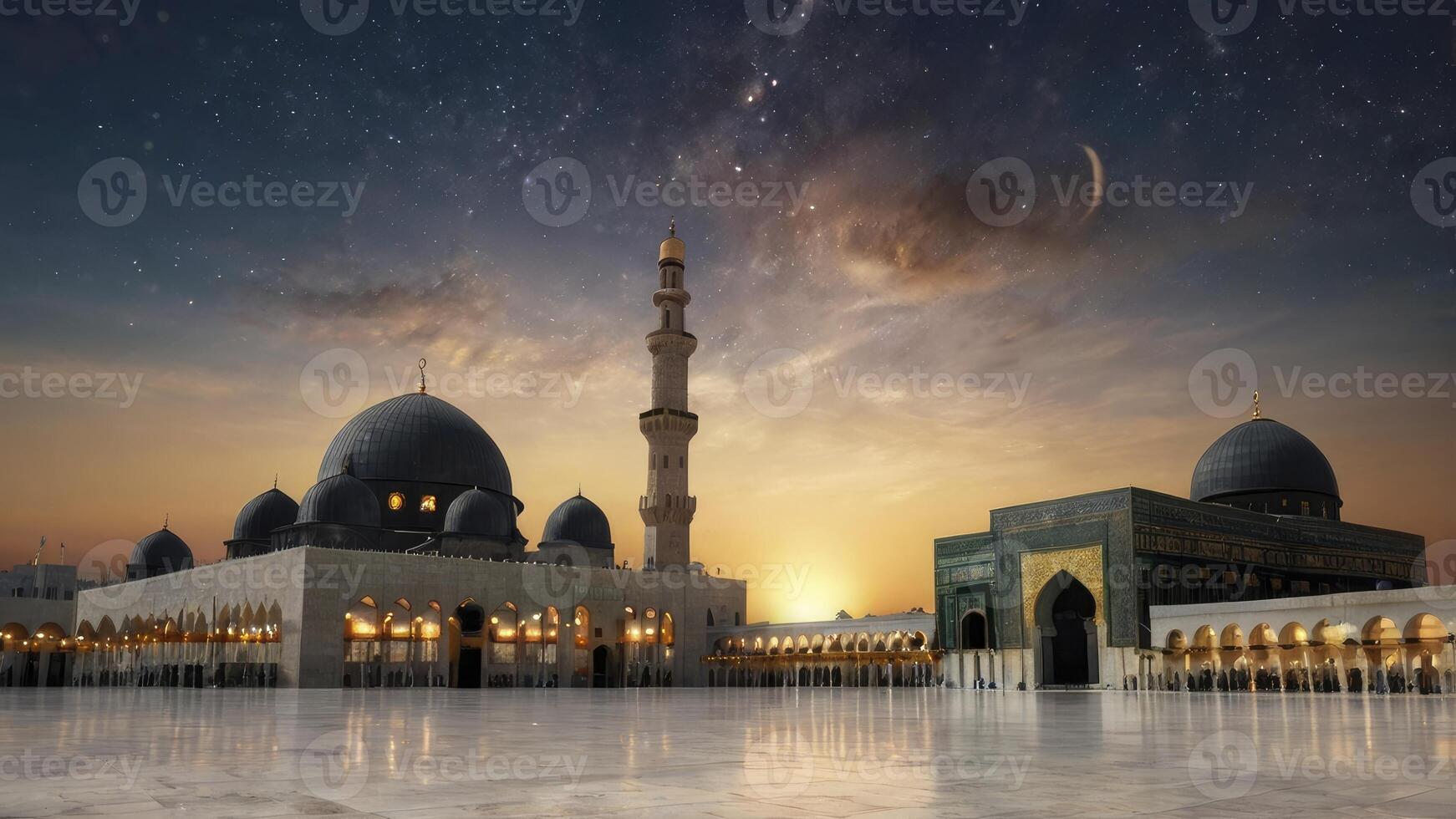 Magnificent Mosque Architecture at Night with Crescent Moon and Starry Sky photo