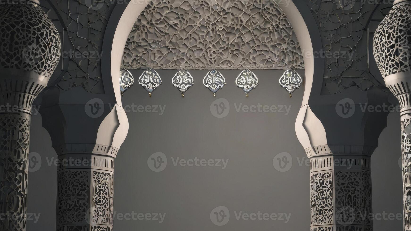 Intricate Islamic Architecture Showing Archways and Decorative Hanging Ornaments photo