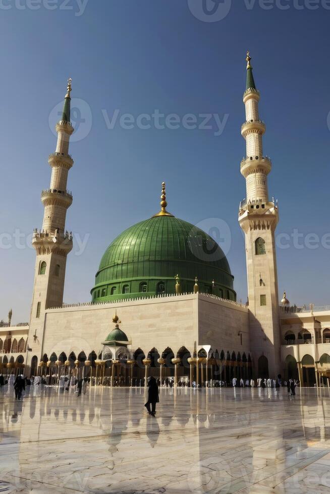 Green Dome of the Prophet's Mosque in Medina with Clear Sky photo
