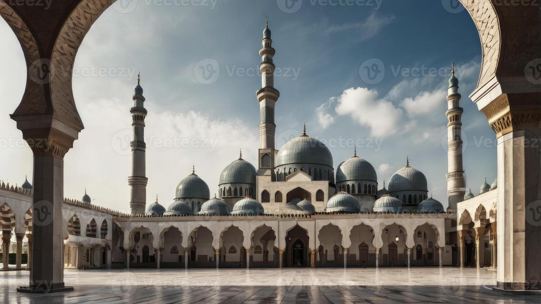 Mosque Architecture with Minarets and Domes Under Cloudy Sky photo