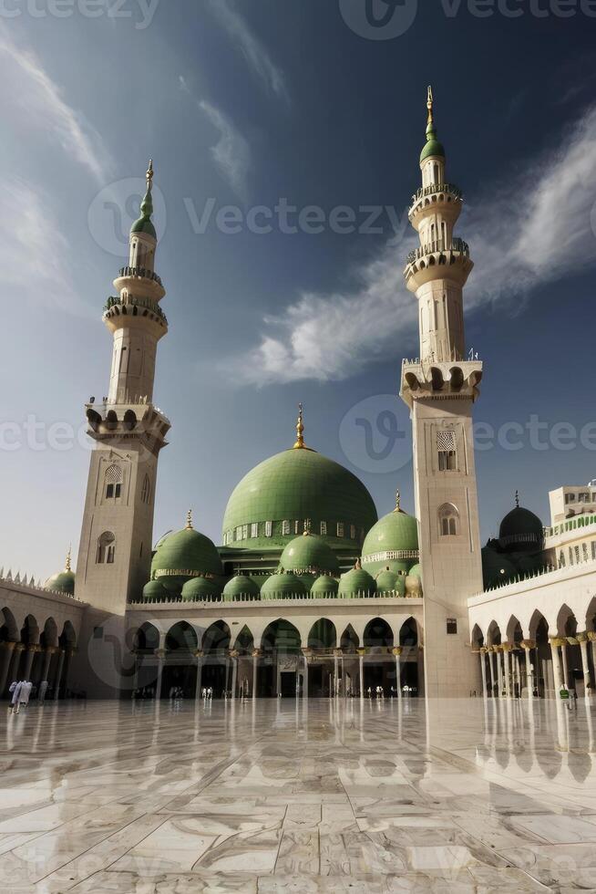 Mosque Architecture with Green Dome and Minarets Under a Cloudy Sky photo
