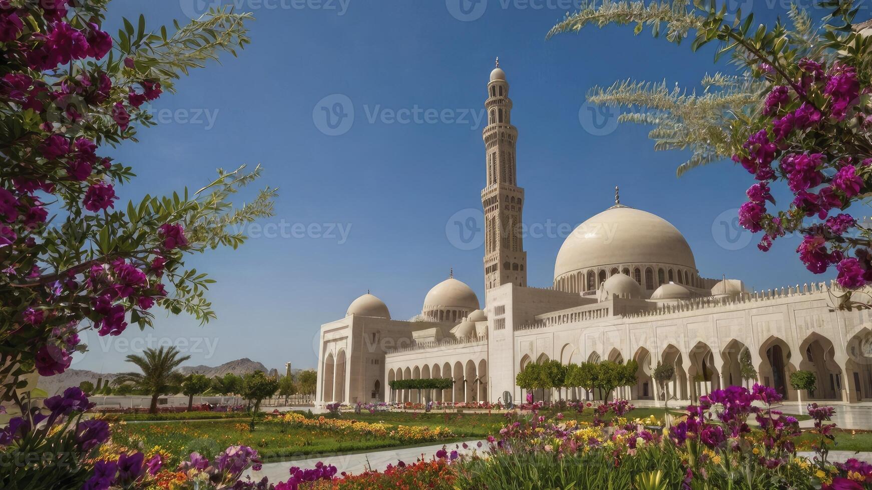 Sultan Qaboos Grand Mosque View with Colorful Flowers in Muscat photo