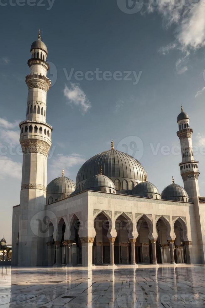 Magnificent Mosque Architecture with Minarets and Dome Against a Clear Sky photo