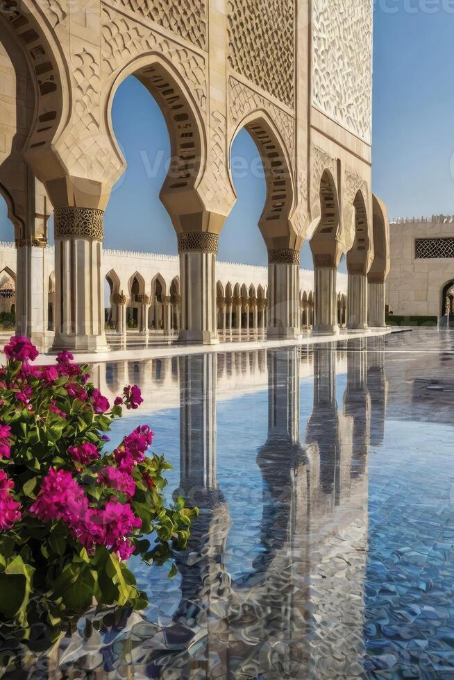 Ornate Mosque Architecture with Arches Reflecting in Water Pool and Flowers photo