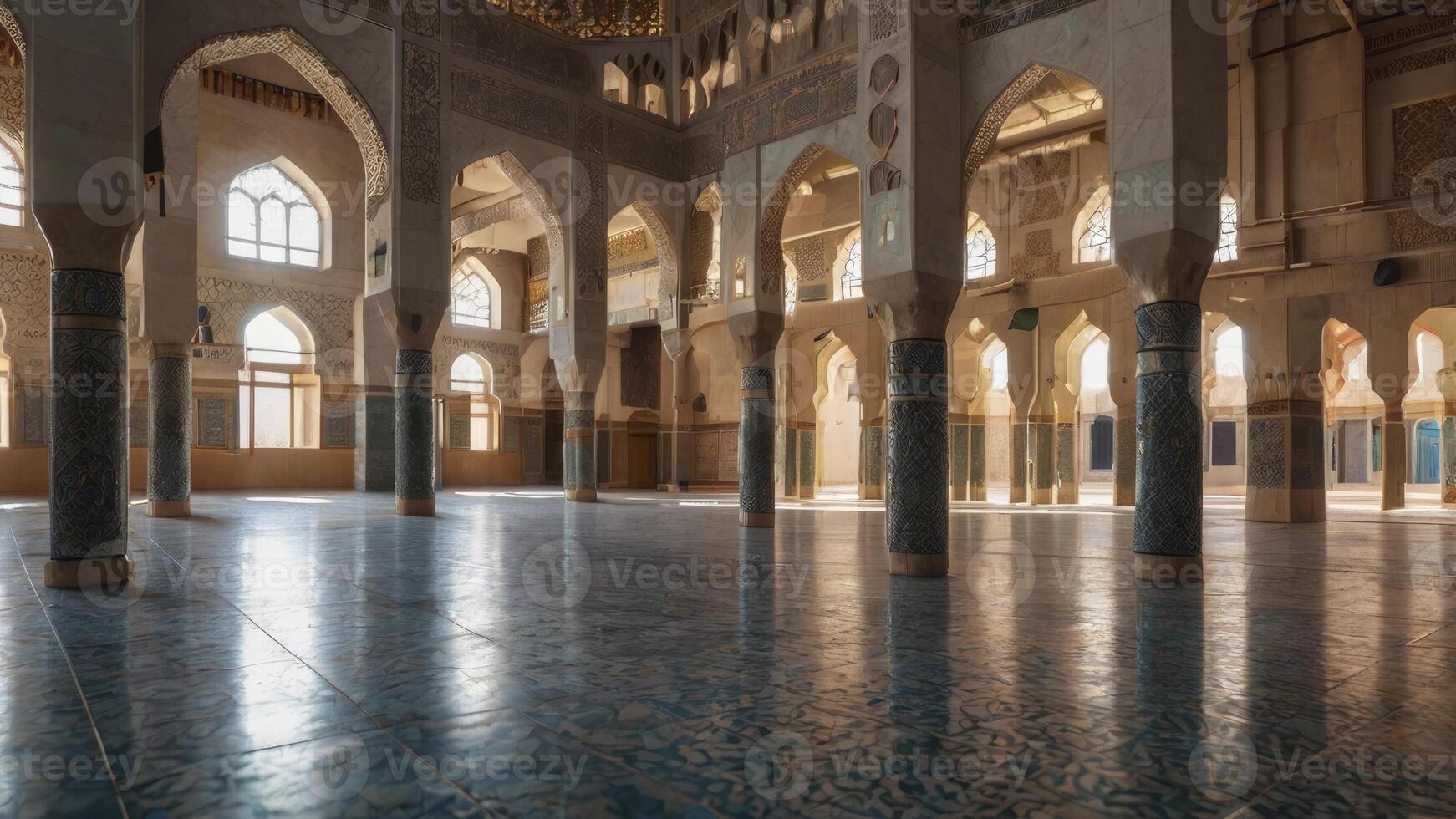 Exploring Grand Mosque Interior with Arches Columns and Tile Floor photo