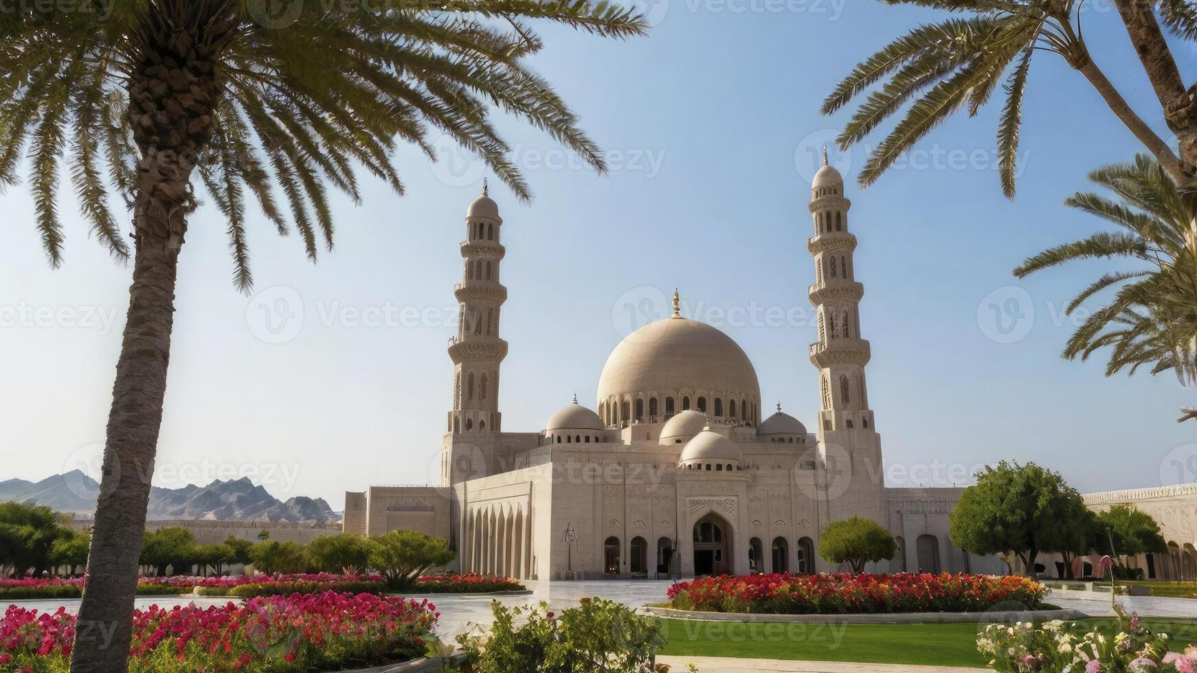 Exploring Grand Mosque with Towering Minarets, Lush Gardens and Palm Trees photo