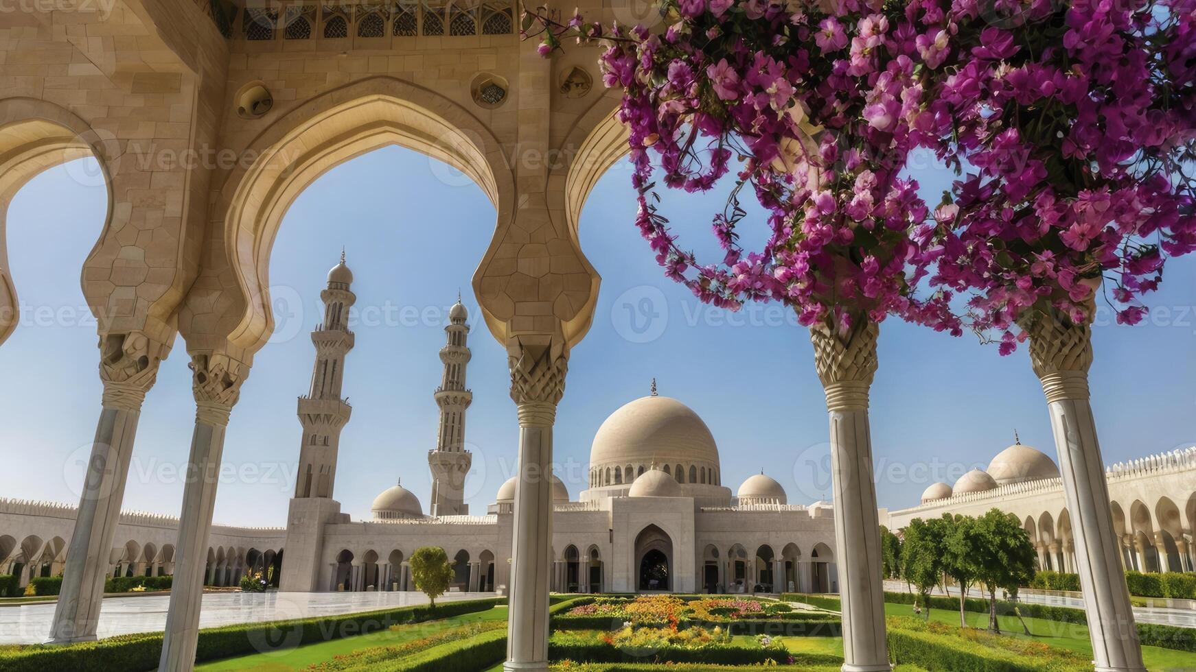 Exploring the Sultan Qaboos Mosque with Arches and Pink Flowers photo