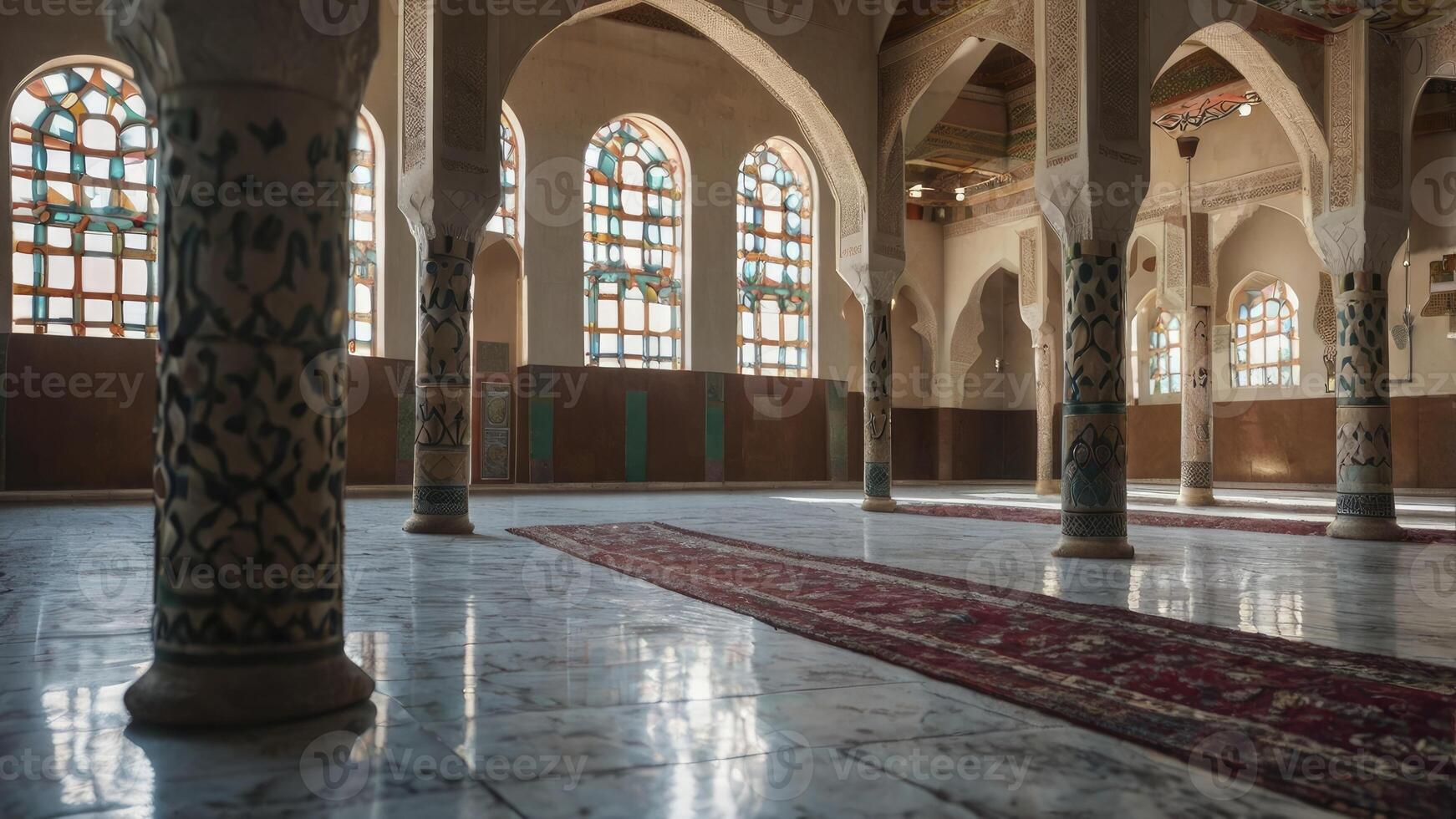 Exploring Interior of Traditional Mosque with Arches Columns and Carpet photo