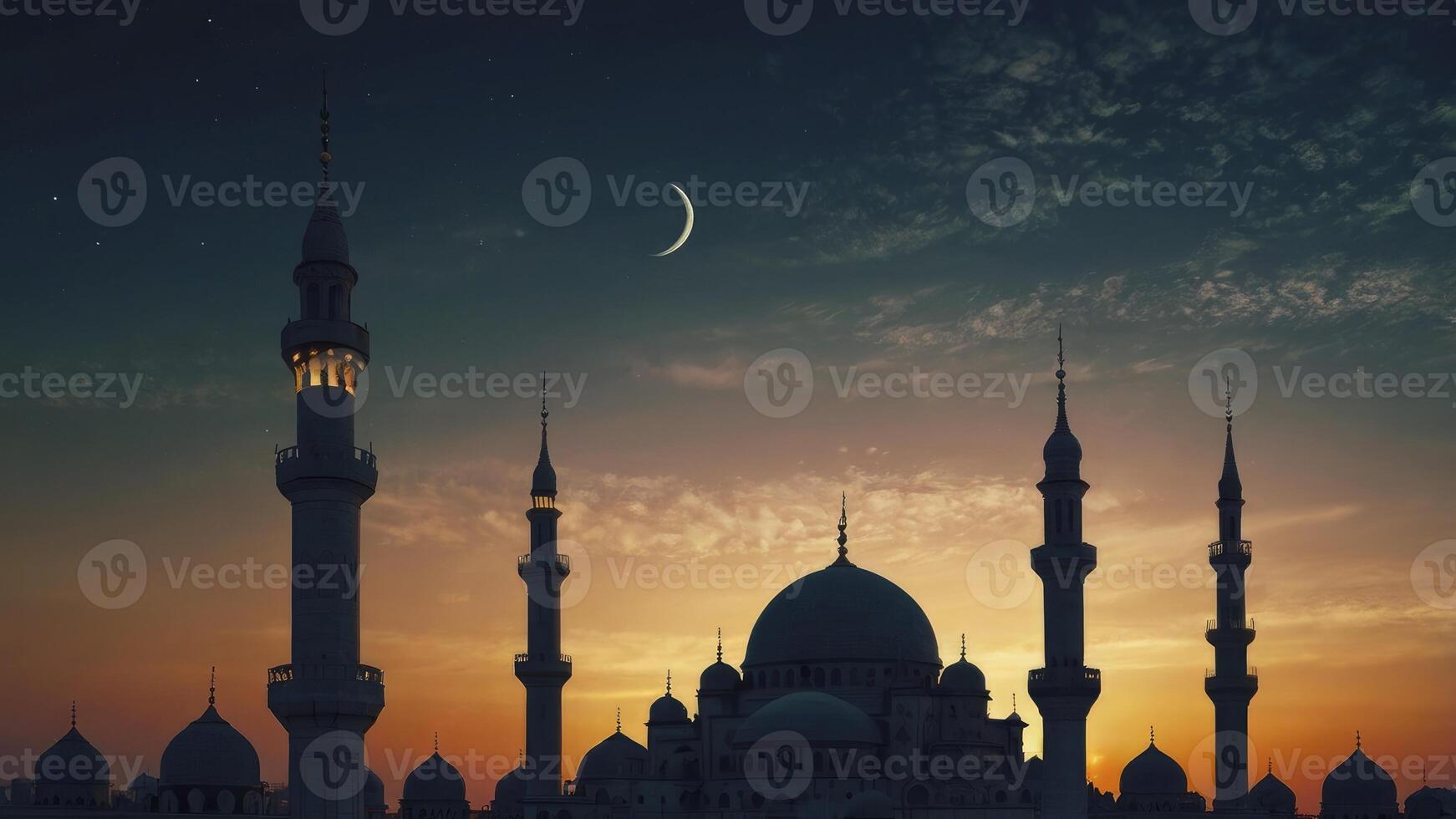 Mosque Silhouette at Dusk with Crescent Moon and Colorful Sky photo