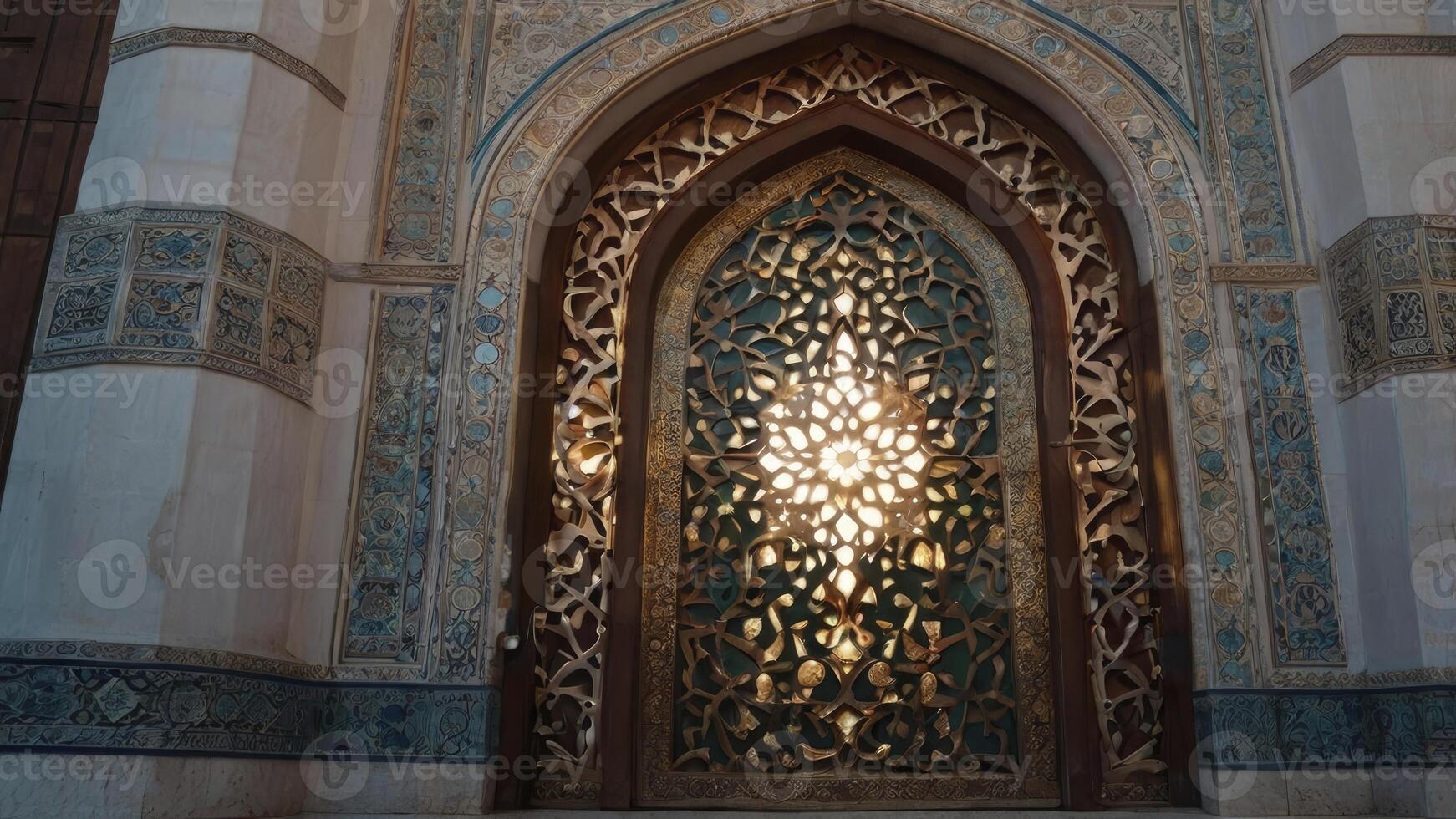 Ornate Window with Intricate Carvings and Sunlight in Historic Building photo