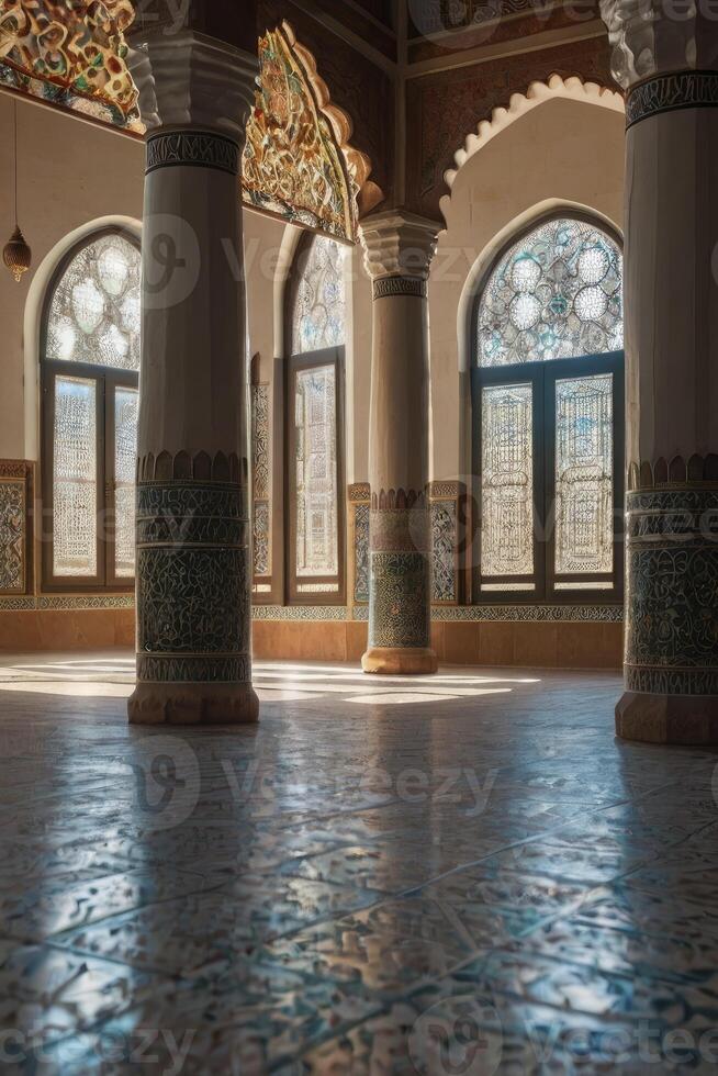 Exploring Ornate Arabic Interior with Columns, Arched Windows and Tile Floor photo
