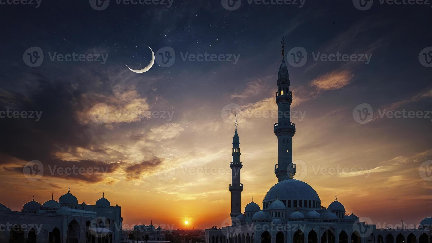 Mosque Silhouette at Dusk with Crescent Moon in a Colorful Sky photo