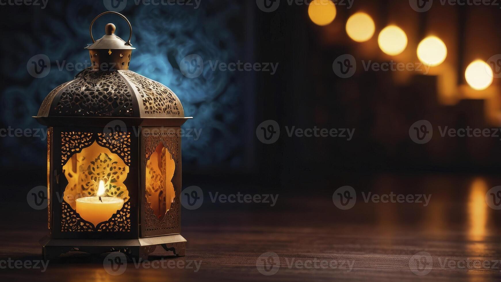 Glowing Lantern with Candle Light Creates Warm Atmosphere for Ramadan photo