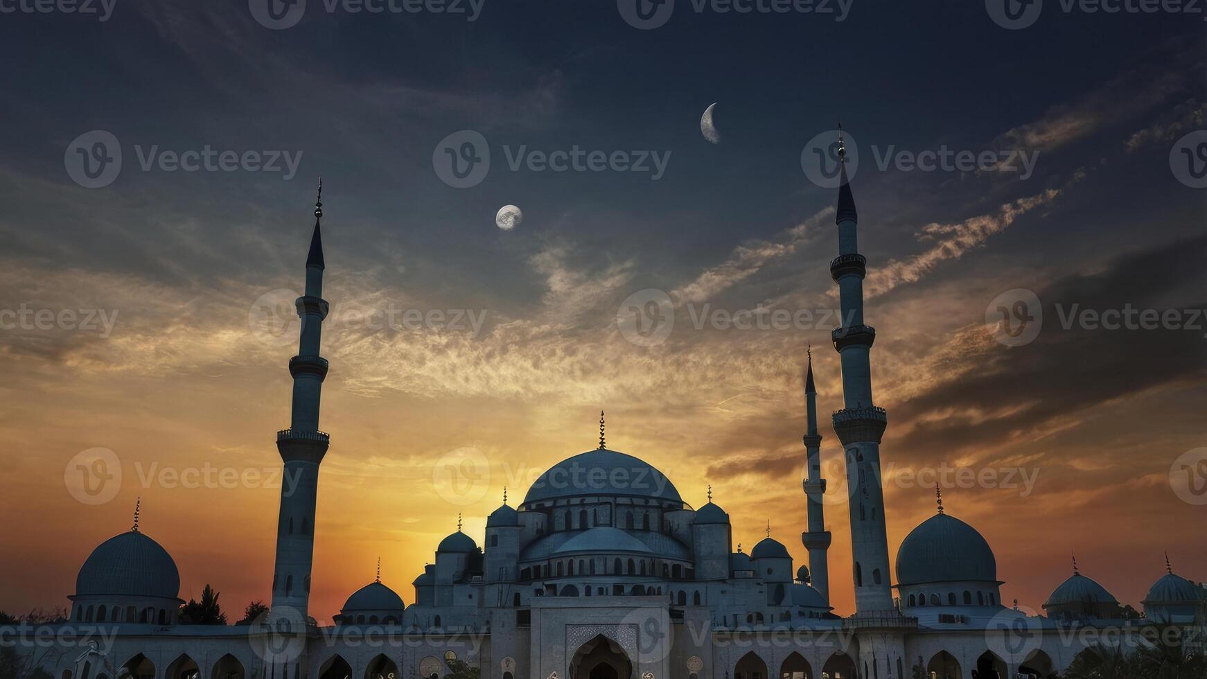 Mosque at Dusk with Moon and Colorful Sky Travel Destination photo