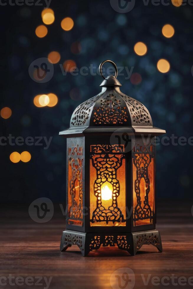 Elegant Metal Lantern Glowing Warmly on Wooden Surface with Bokeh photo