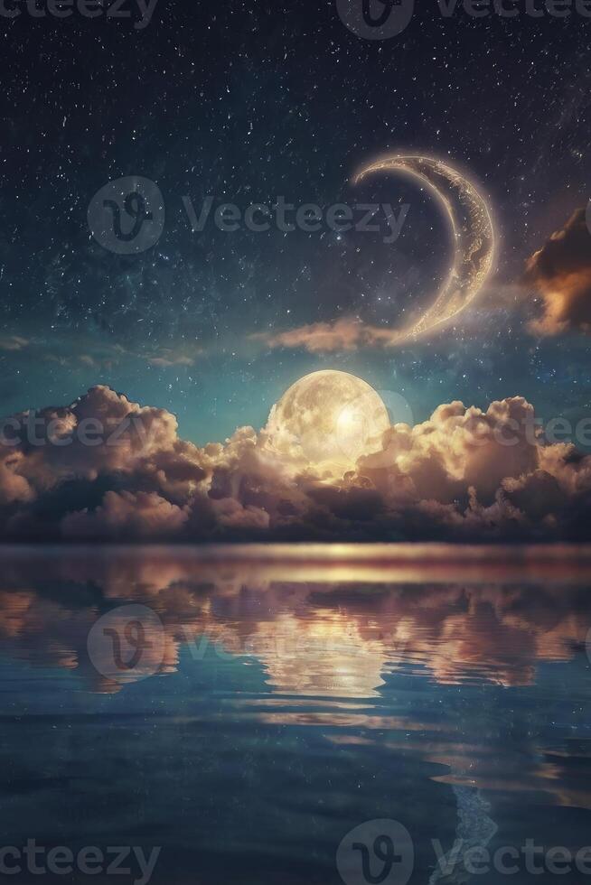 Dramatic Night Sky with Moon Clouds and Water Reflection Scenery photo