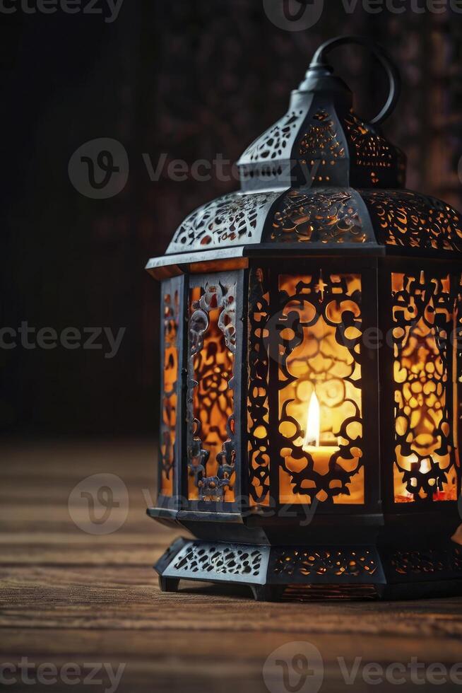 Illuminated Lantern with Candlelight on Wooden Surface Creating a Warm Ambiance photo